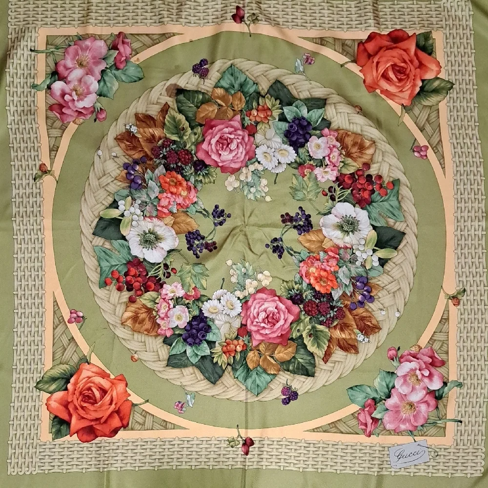 Gucci Floral Basketweave Silk Scarf With Original Box